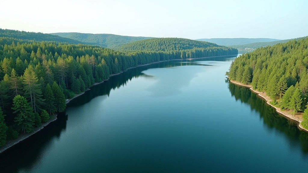 Paukščių akies vaizdas į ežerą iš šono, medžiai pakrantėje, dangus virš to